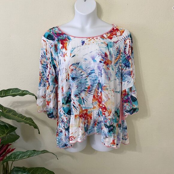 Soft Surroundings Yvette Blouse top plus sz. 2X mixed media Bell 3/4 Sleeve Arts - Picture 1 of 9
